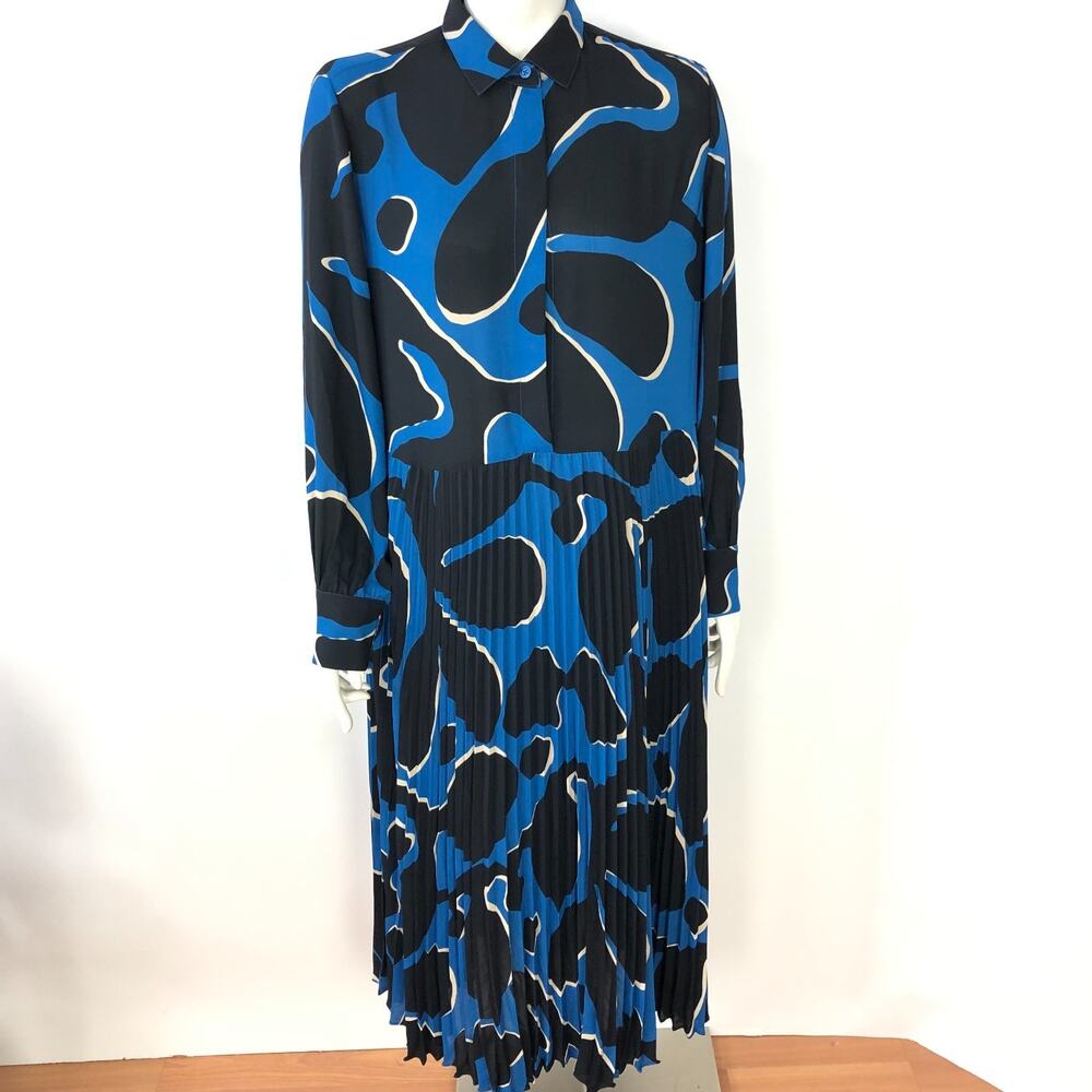 Chico's US 10 Pleated Tiered Shirt Dress Maxi All Over Print Black 570371170